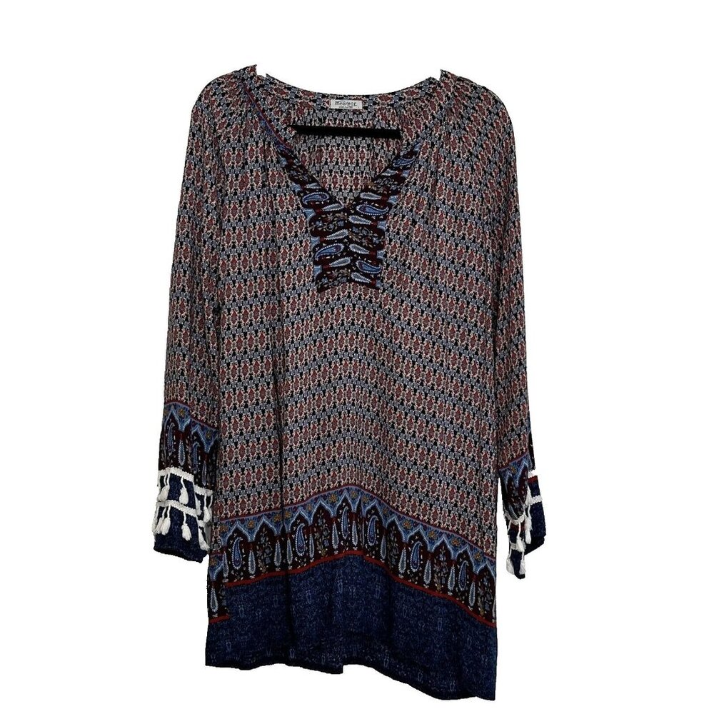 Measeor Women's Boho Fringe Paisley Mini Shirt Dress / Long Tunic Size L Blue